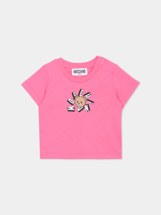 T-shirt fucsia per neonata con Teddy Bear,Moschino Kids,MXM047 LAA02 50533