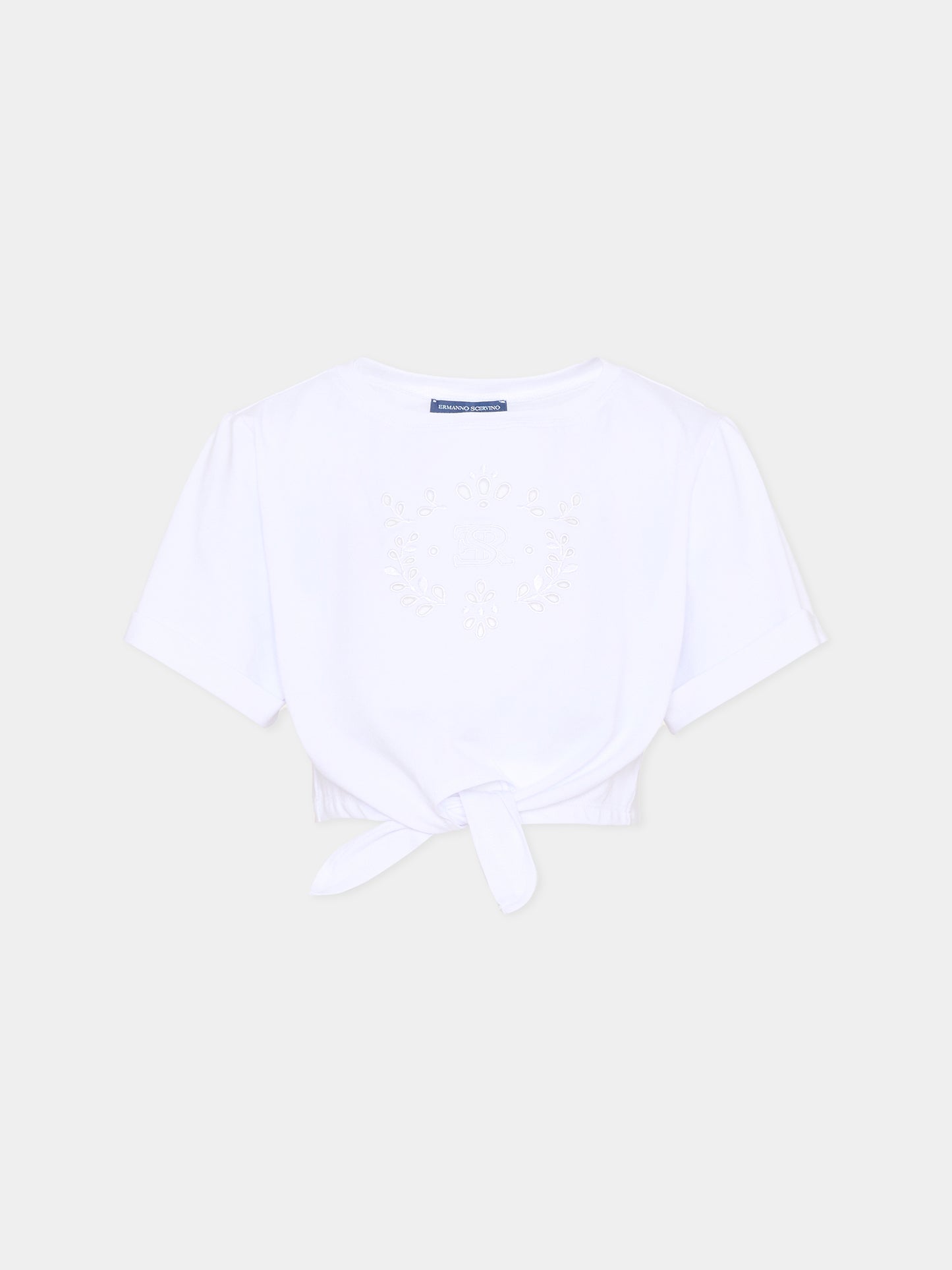 T-shirt crop bianca per bambina con logo e ricami,Ermanno Scervino Junior,Z1G609 - 7201 - 0099