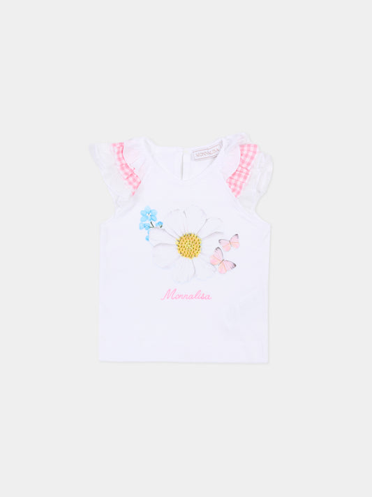 T-shirt bianca per neonata con fiore e strass,Monnalisa,39G605 - 7002 - 0099