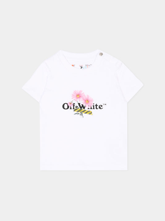 T-Shirt bianca per neonata con fiori,Off White,44GXB001S26J001100