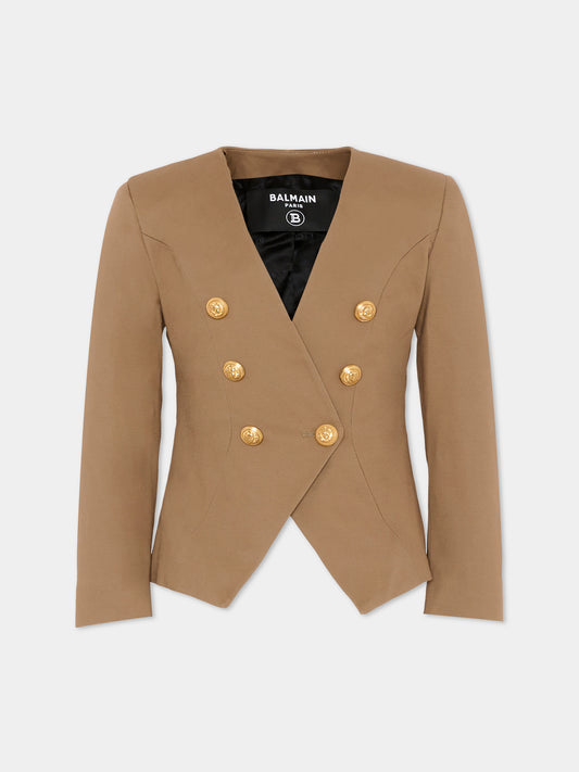 Giacca marrone per bambina con bottoni dorati,Balmain Kids,BY2A24-G0197 315