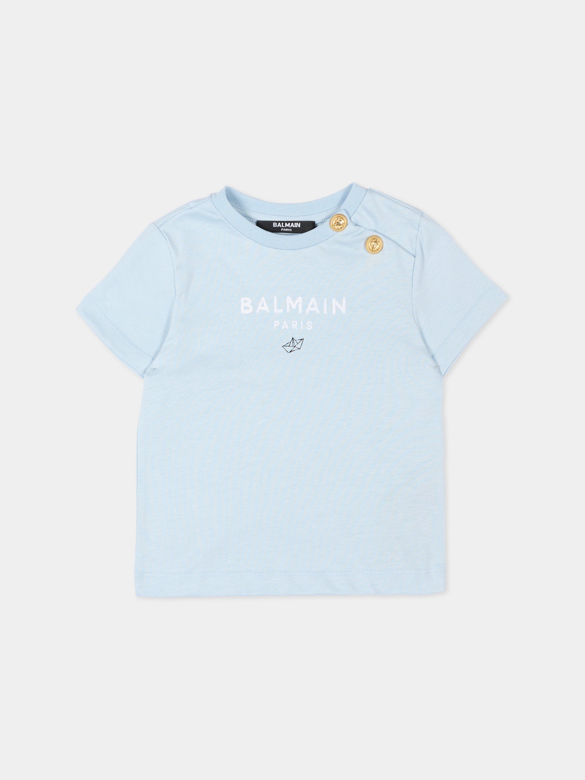 T-Shirt celeste per neonato con logo,Balmain Kids,BY8551-Z3672 685BC