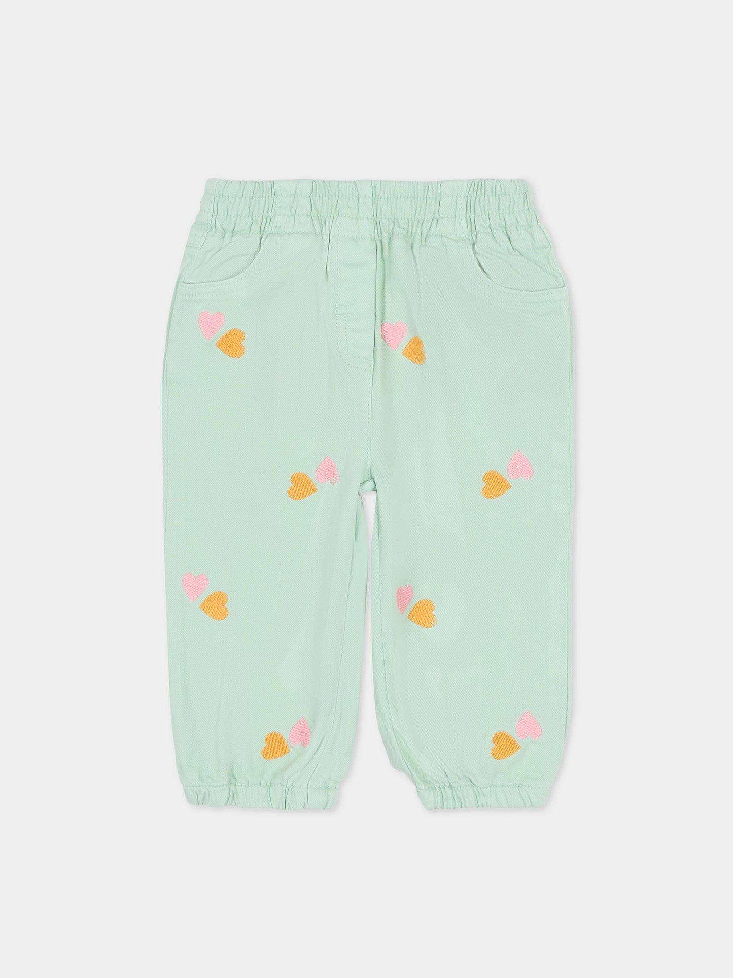 Pantaloni verdi per neonata con cuori ricamati,Stella Mccartney Kids,TY6020-Z3454 754EM