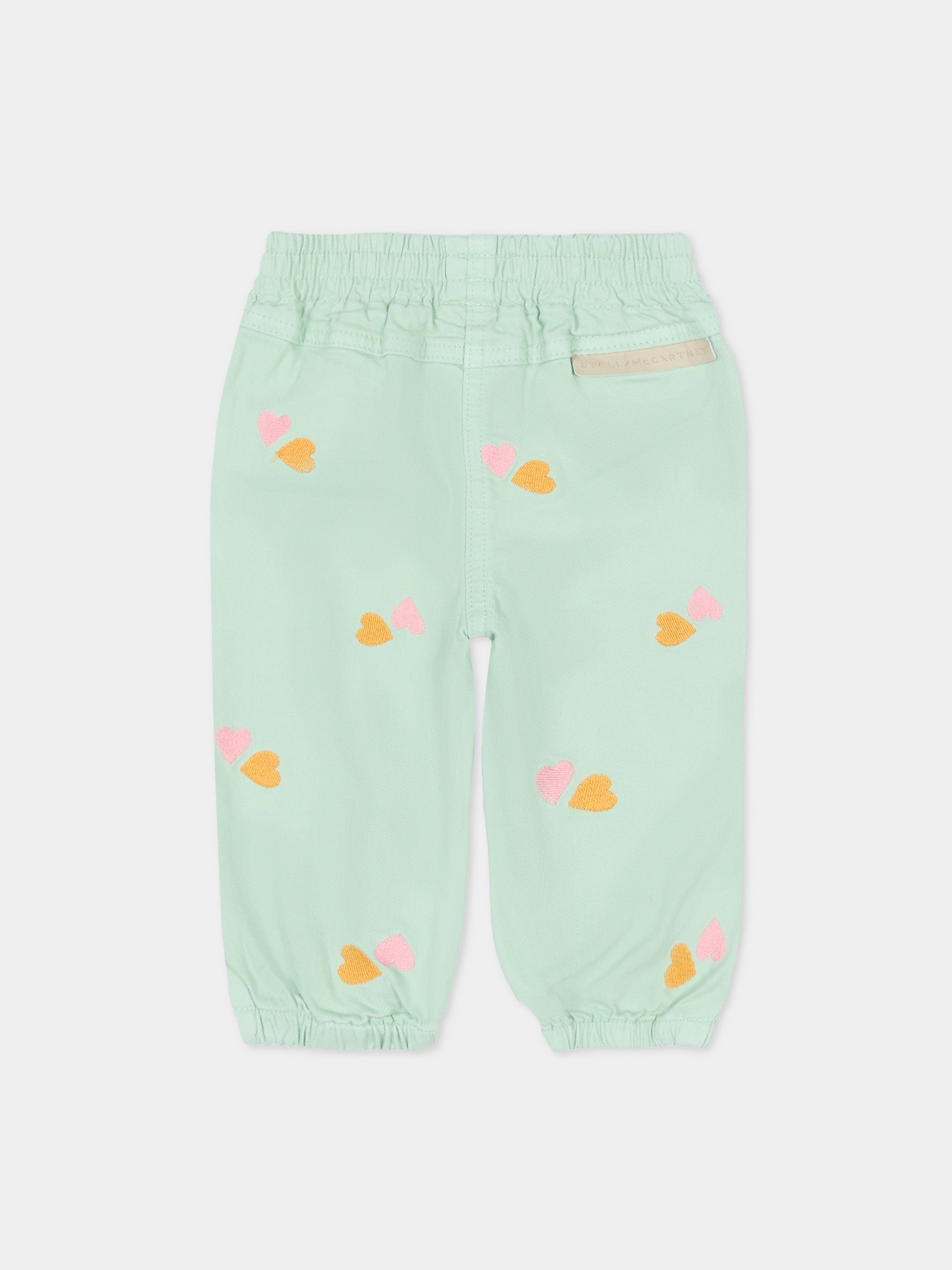 Pantaloni verdi per neonata con cuori ricamati,Stella Mccartney Kids,TY6020-Z3454 754EM