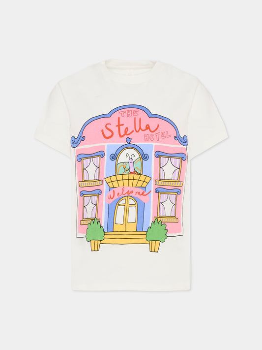 T-shirt avorio per bambina con stampa Stella hotel,Stella Mccartney Kids,TY8A11-Z0434 101