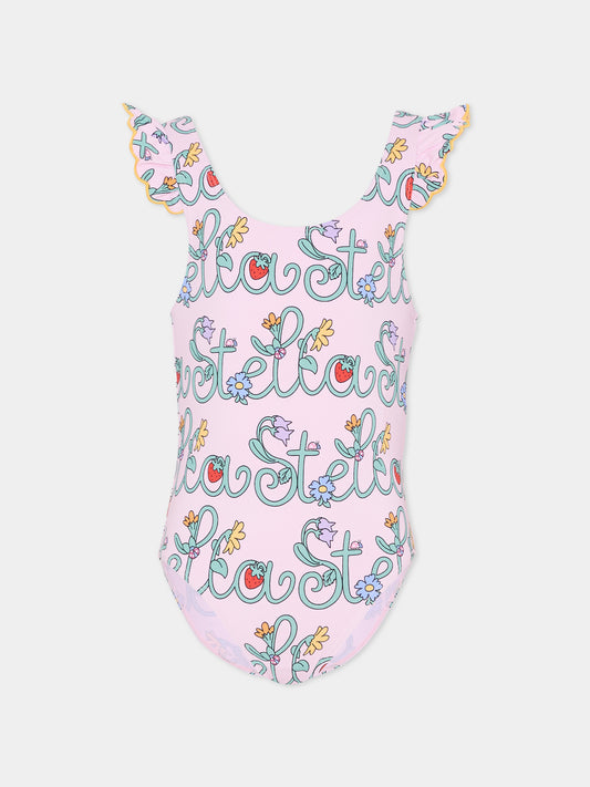 Costume intero rosa per bambina con logo e fiori,Stella Mccartney Kids,TYCA49-Z3511 51RMC
