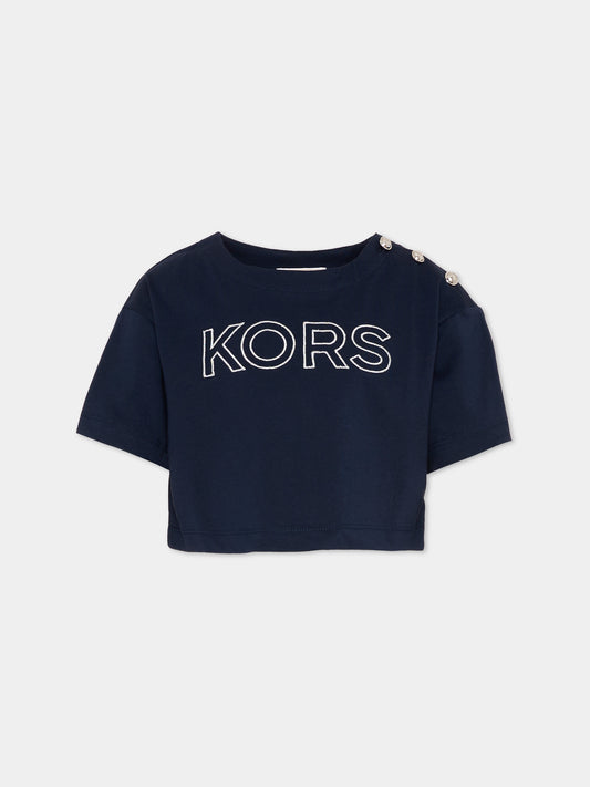 T-shirt blu per bambina con logo,Michael Kors,R30605 849