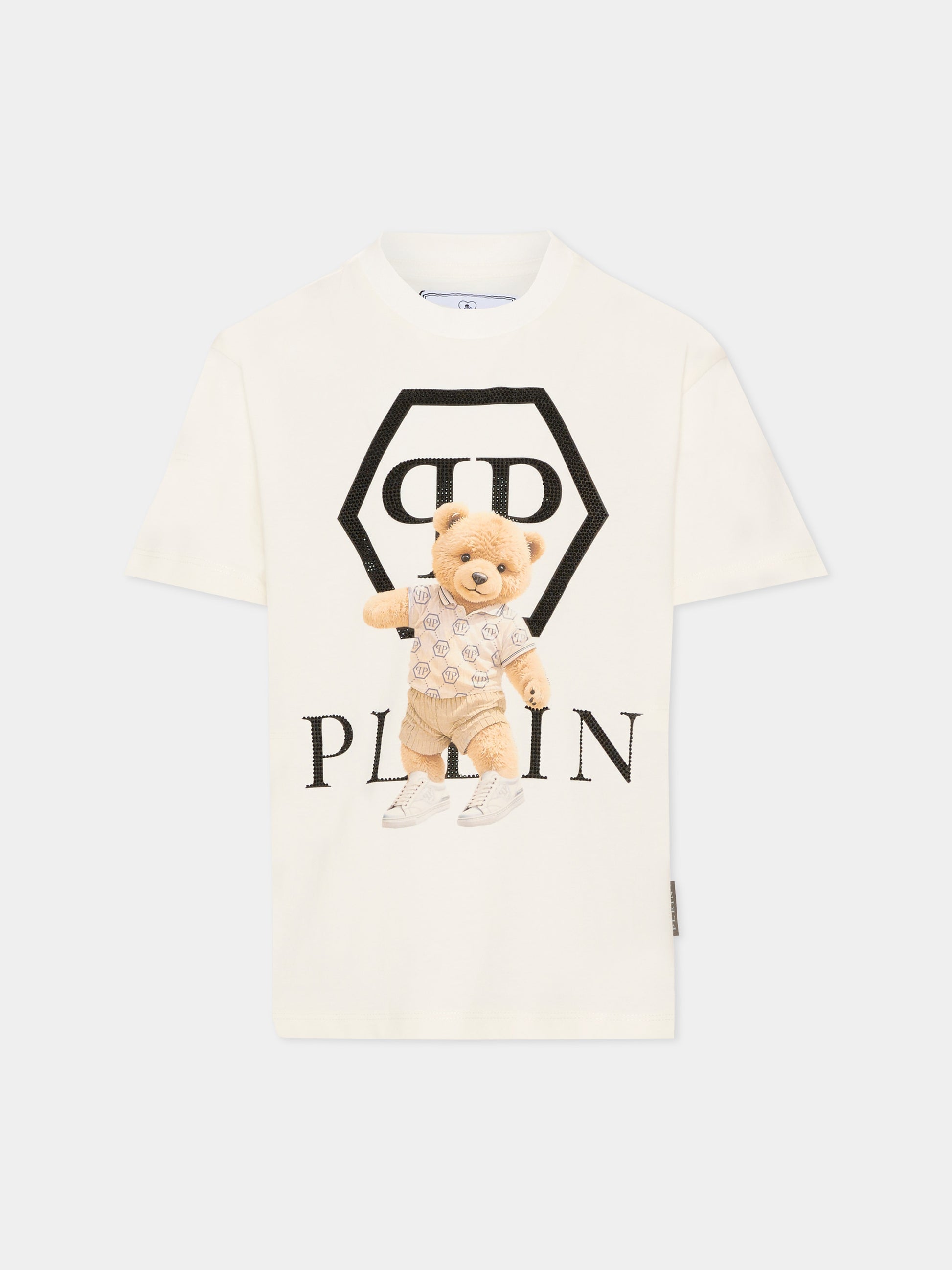 T-shirt avorio per bambina con orsetto e logo di strass,Philipp Plein Junior,S6PHJGTH202 002