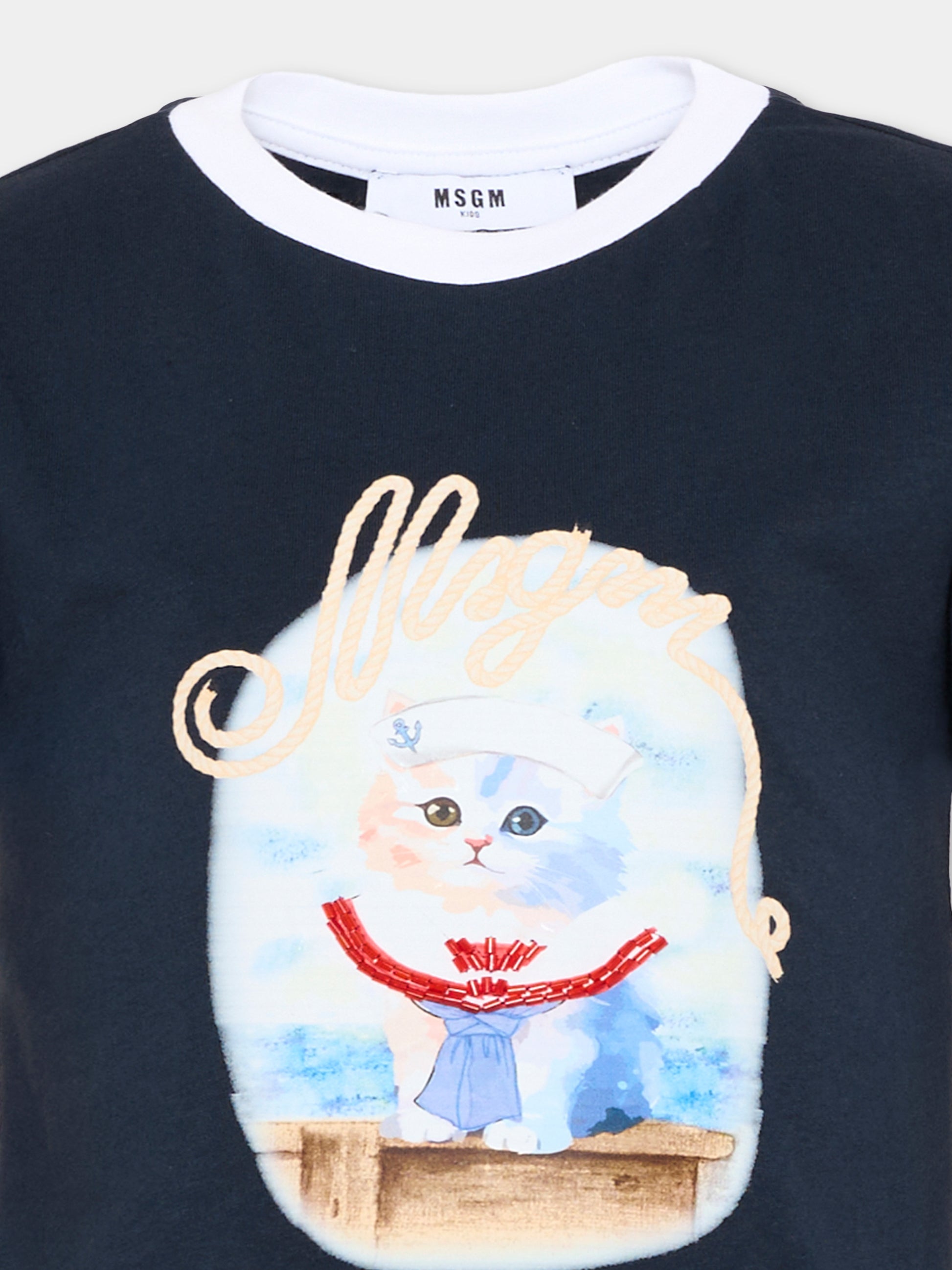 T-Shirt blu per bambina con stampa gatto,Msgm Kids,S6MSJGTH016 MS072