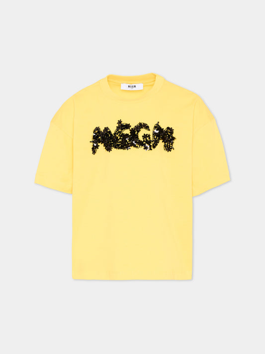 T-shirt gialla per bambina con logo paillettes,Msgm Kids,S6MSJGTH087 MS009