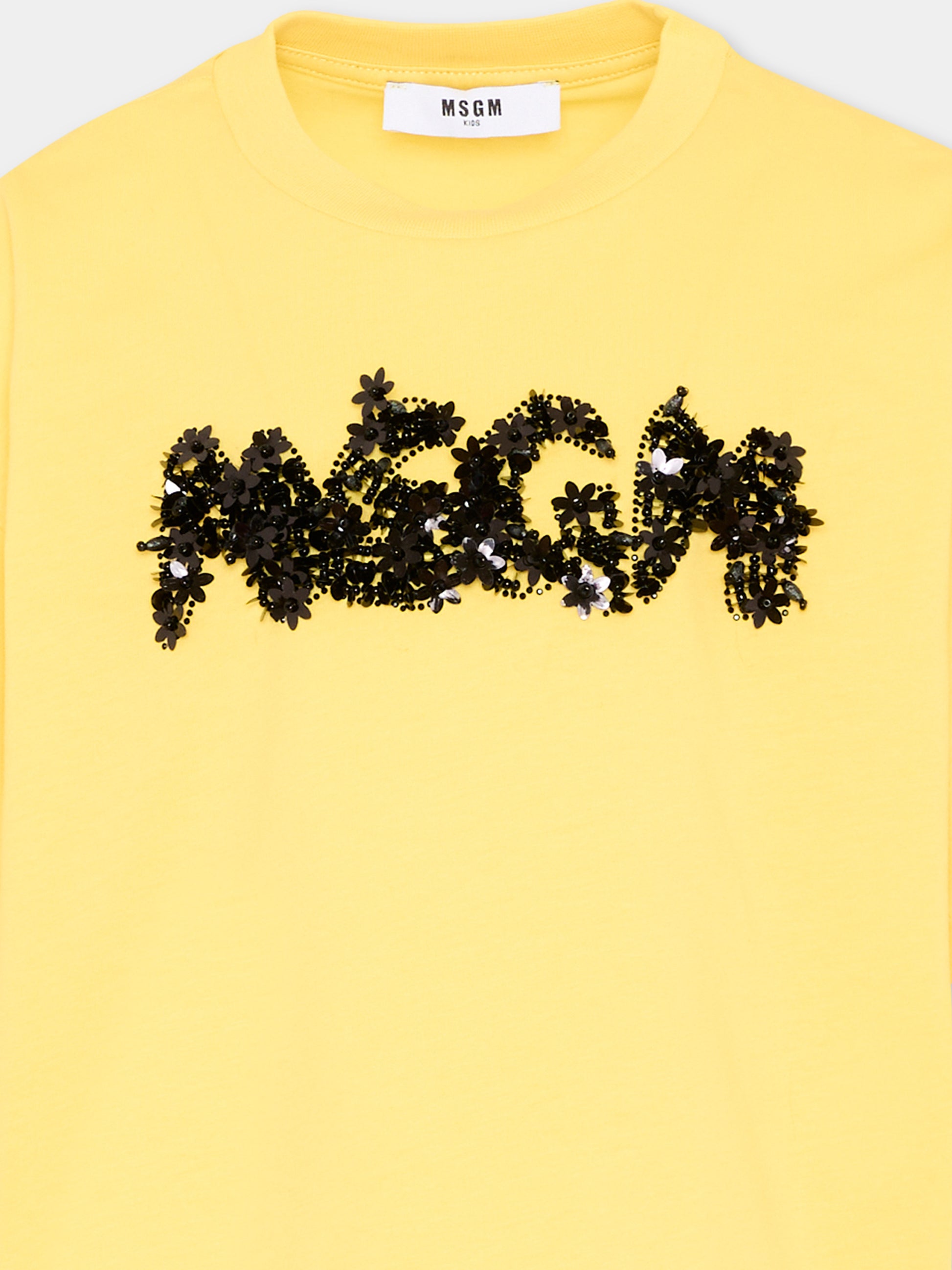 T-shirt gialla per bambina con logo paillettes,Msgm Kids,S6MSJGTH087 MS009