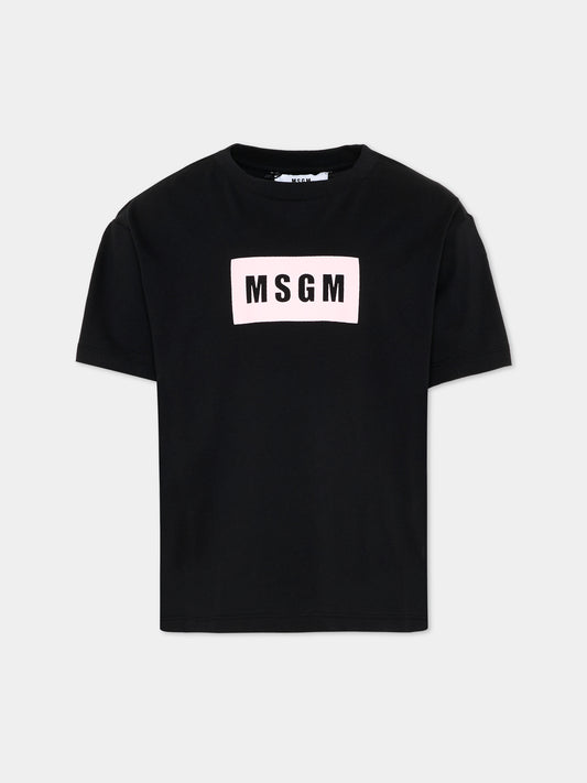 T-Shirt nera per bambina con logo box,Msgm Kids,S6MSJUTH005 110/88