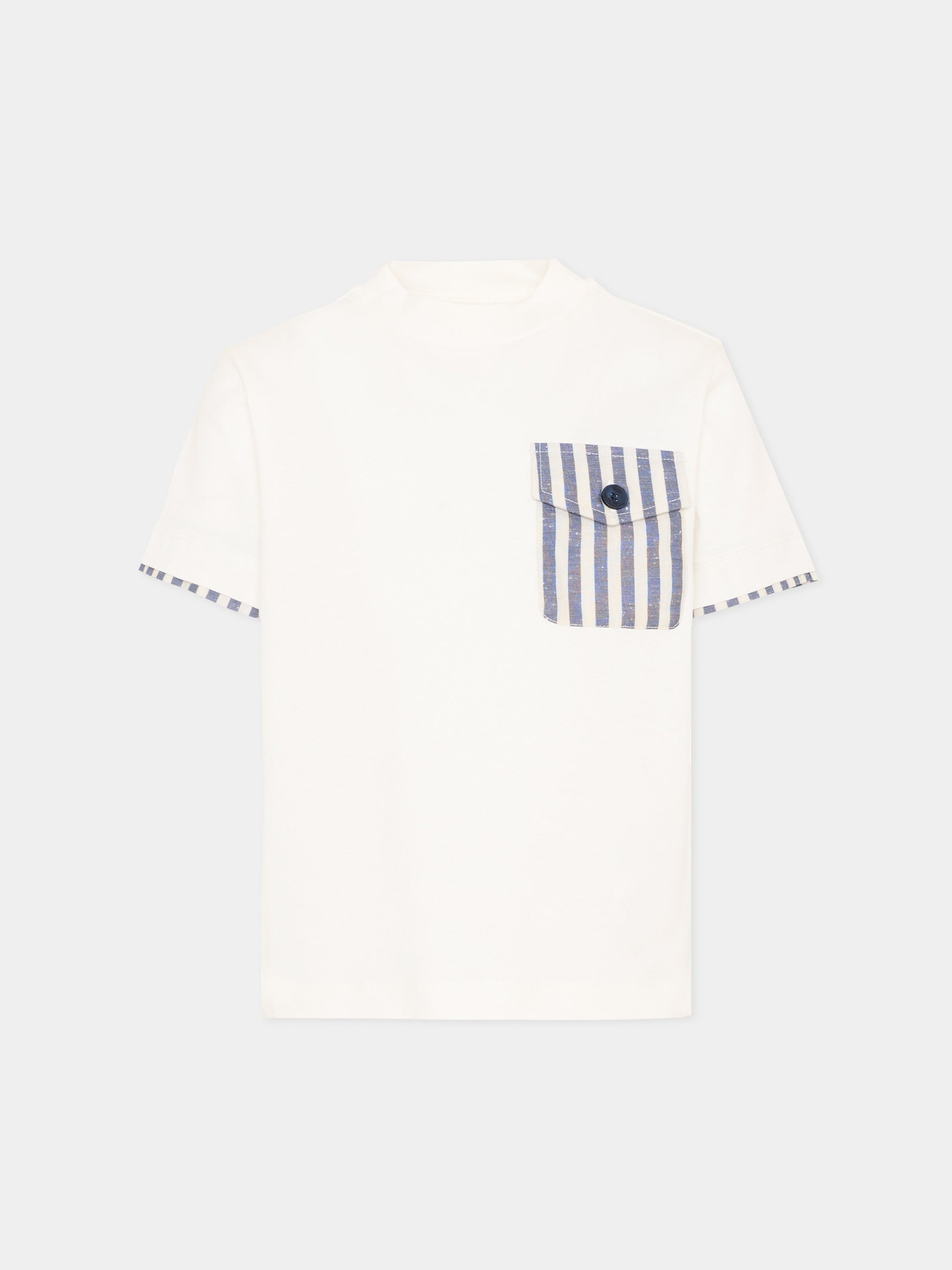 T-shirt avorio per bambino con tasca a righe,Fay Kids,FY8P41 Z3708 101BL