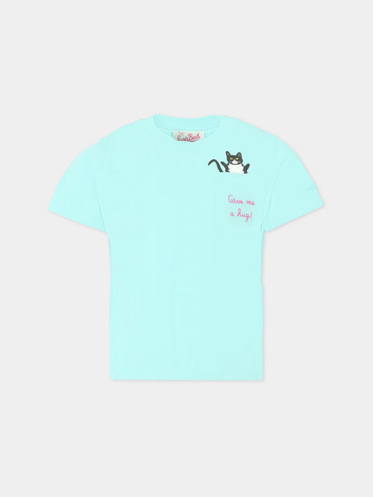 T-shirt celeste per bambina con gatto,Mc2 Saint Barth,ELLY004 02052F