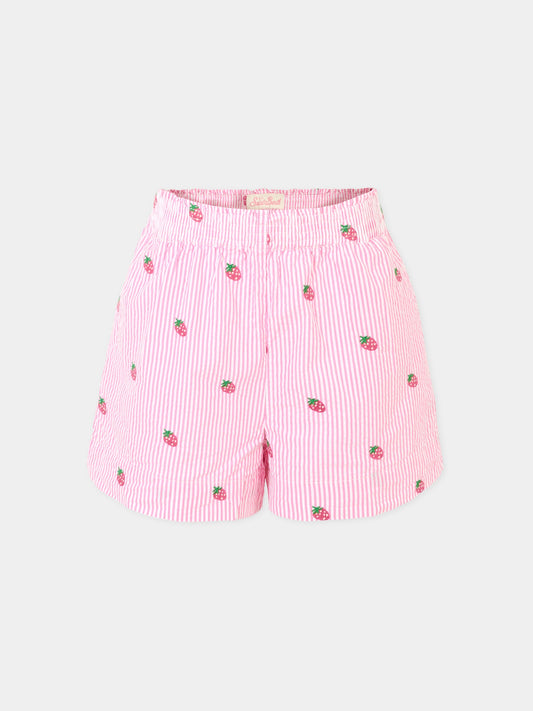 Shorts rosa per bambina con fragole ricamate,Mc2 Saint Barth,MEA001 01430H