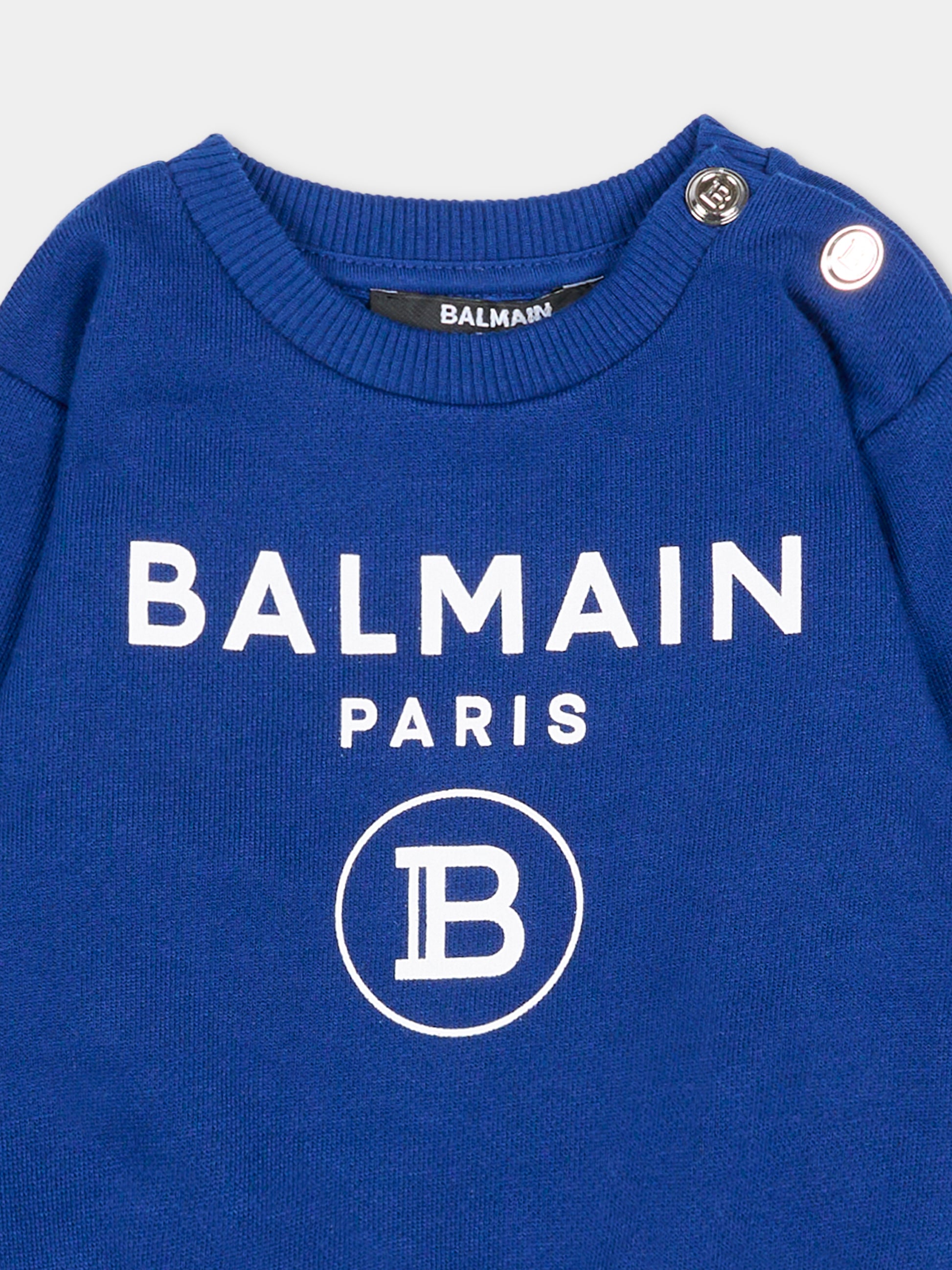 Felpa blu per neonato con loghi bianchi,Balmain Kids,6R4520 Z0001 624BC