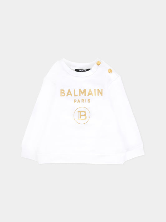Felpa bianca per neonati con logo dorato,Balmain Kids,6R4530 Z0739 100OR