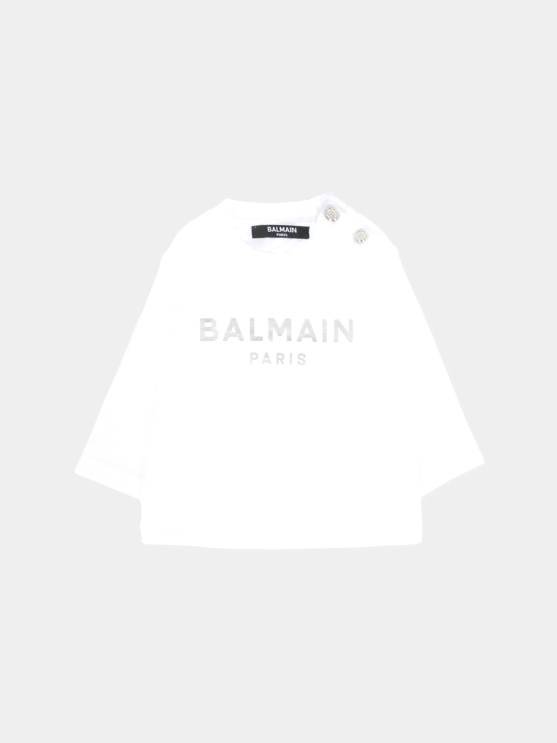 T-shirt bianca per neonati con logo argentato,Balmain Kids,6R8520 Z0738 100AG