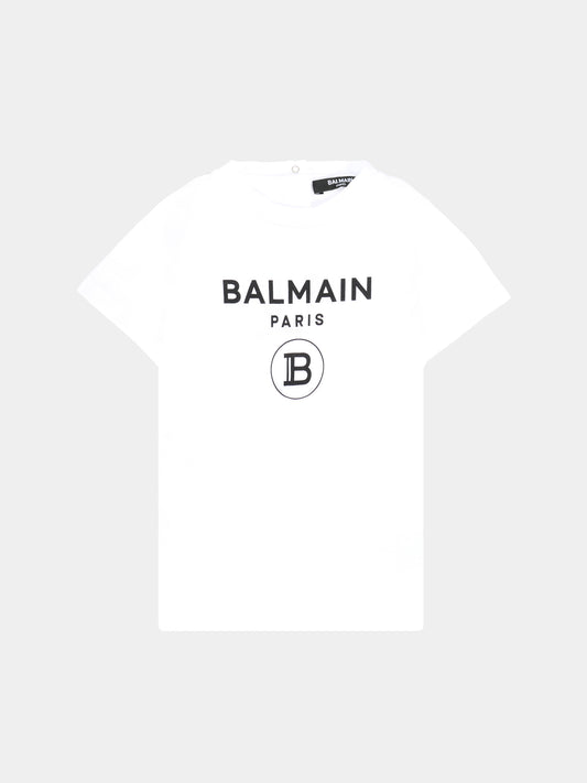 T-shirt bianca per neonati con loghi neri,Balmain Kids,6R8621 Z0112 100NE