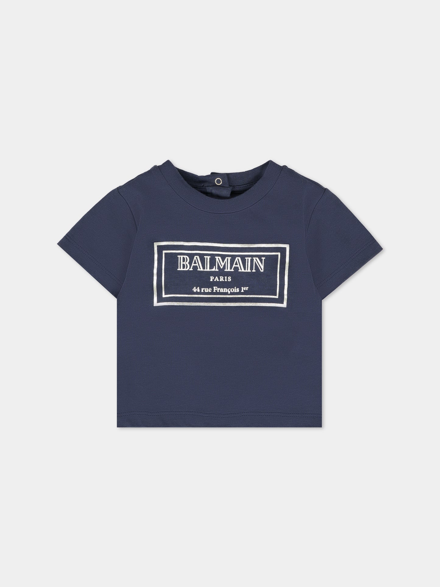 T-shirt blu per neonati con logo argento,Balmain Kids,BT8631 Z0082 649AG