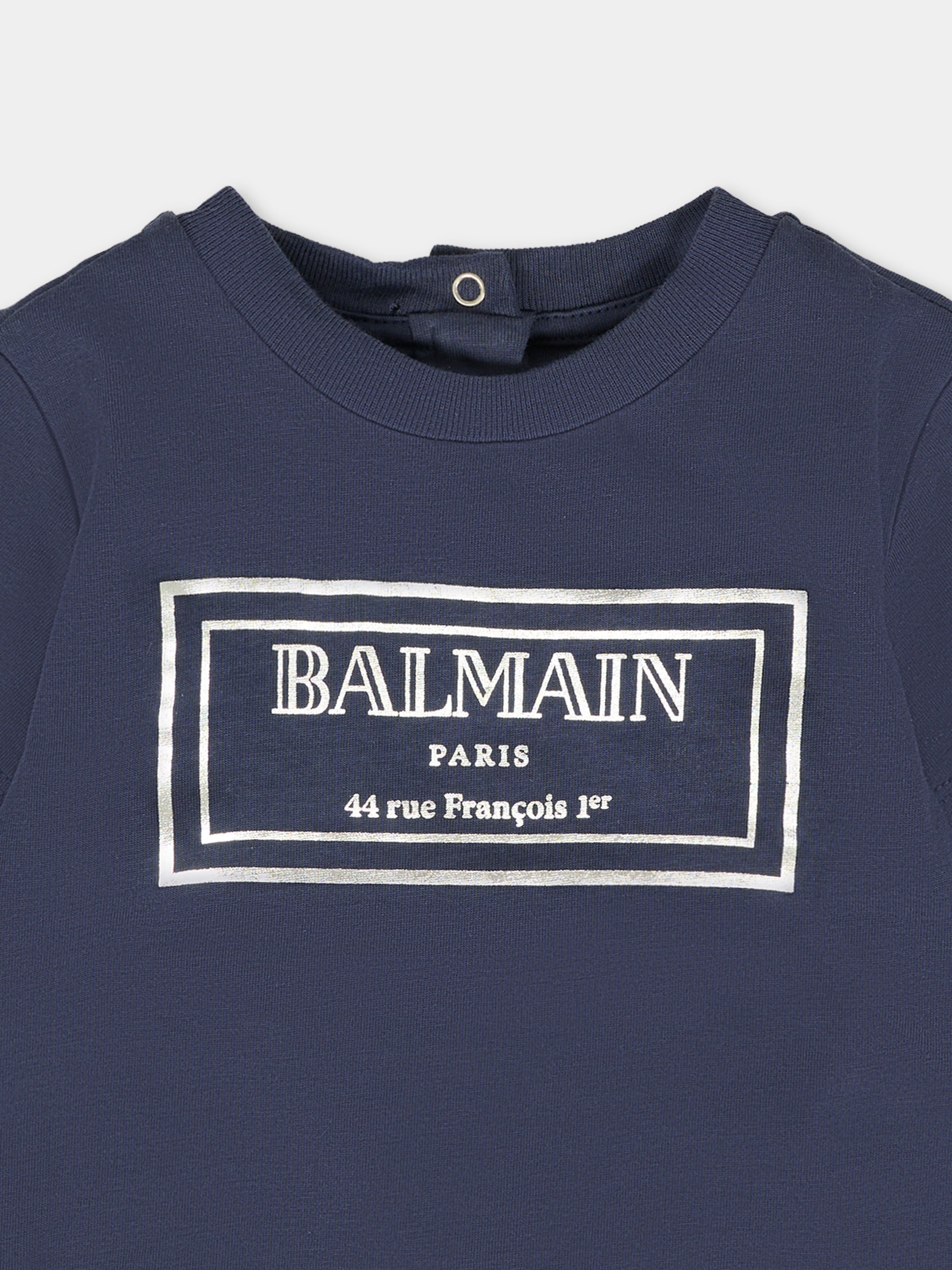 T-shirt blu per neonati con logo argento,Balmain Kids,BT8631 Z0082 649AG