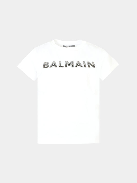 T-shirt bianca per bambina con paillettes,Balmain Kids,BT8C31 J0177 100NE