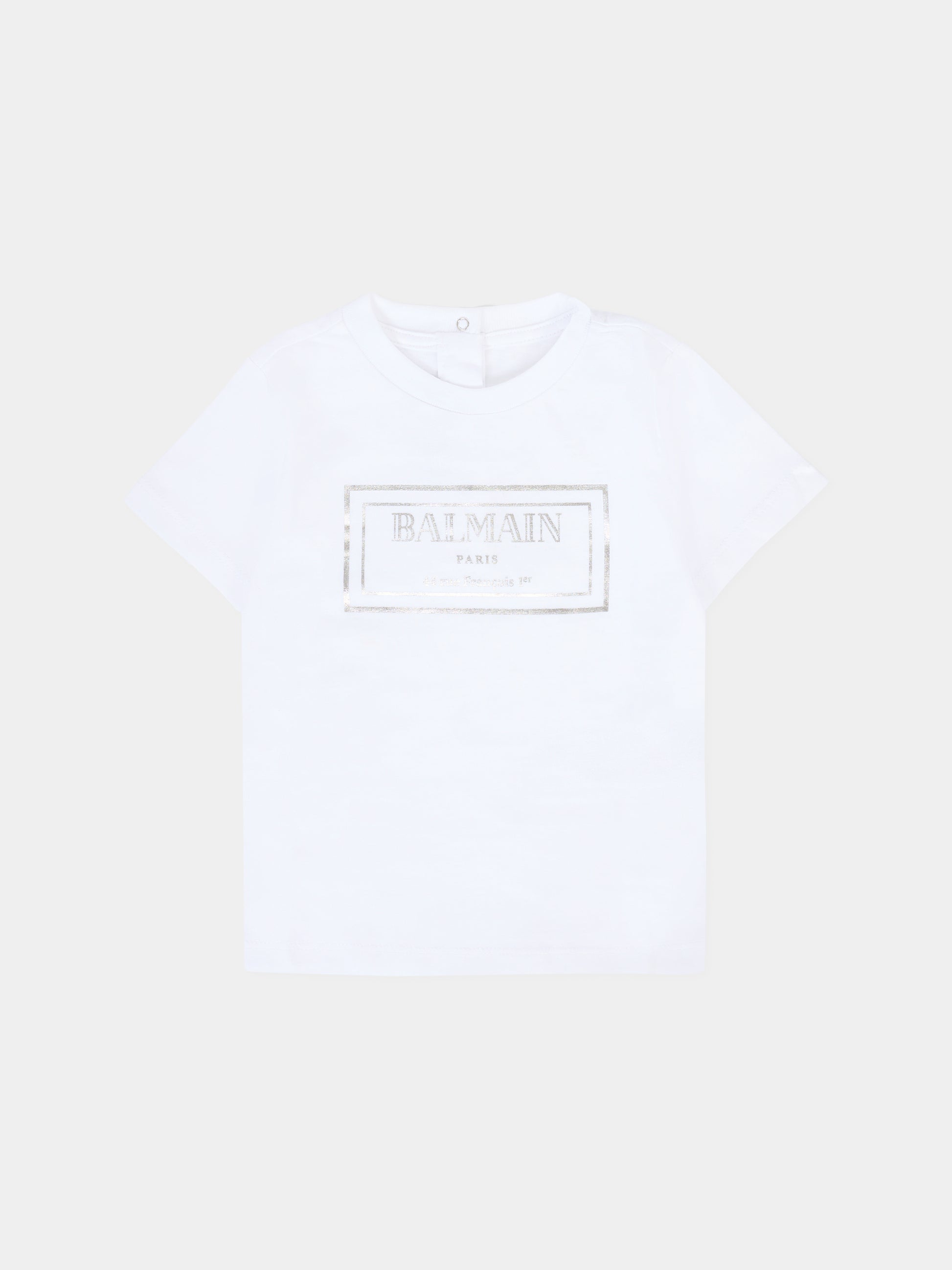 T-shirt bianca per neonati con logo argentato,Balmain Kids,BT8631 Z0082 100AG