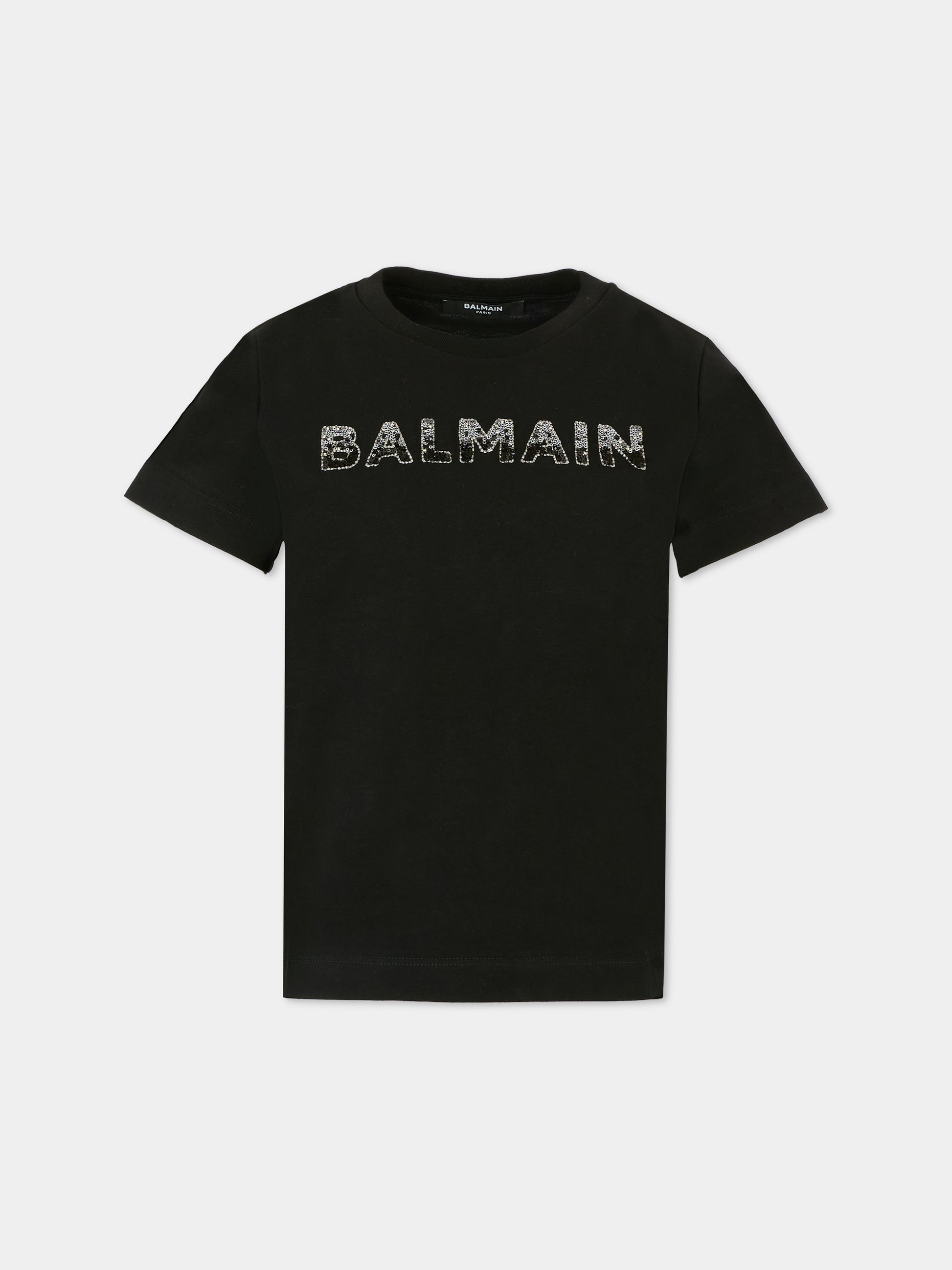 T-shirt nera per bambina con paillettes,Balmain Kids,BT8C31 J0177 930