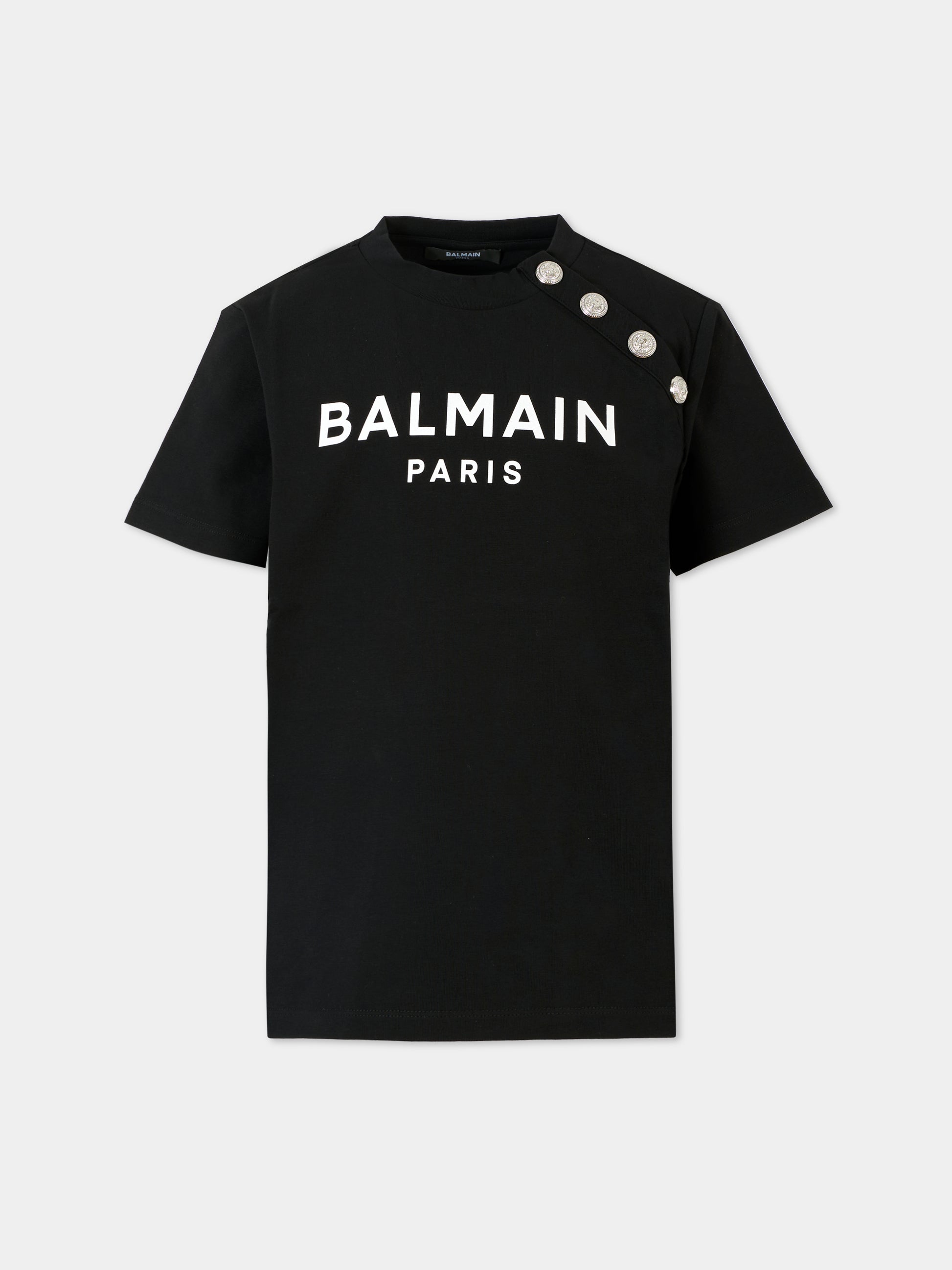 T-shirt nera per bambina con logo bianco,Balmain Kids,BV8Q71 Z2389 930BC