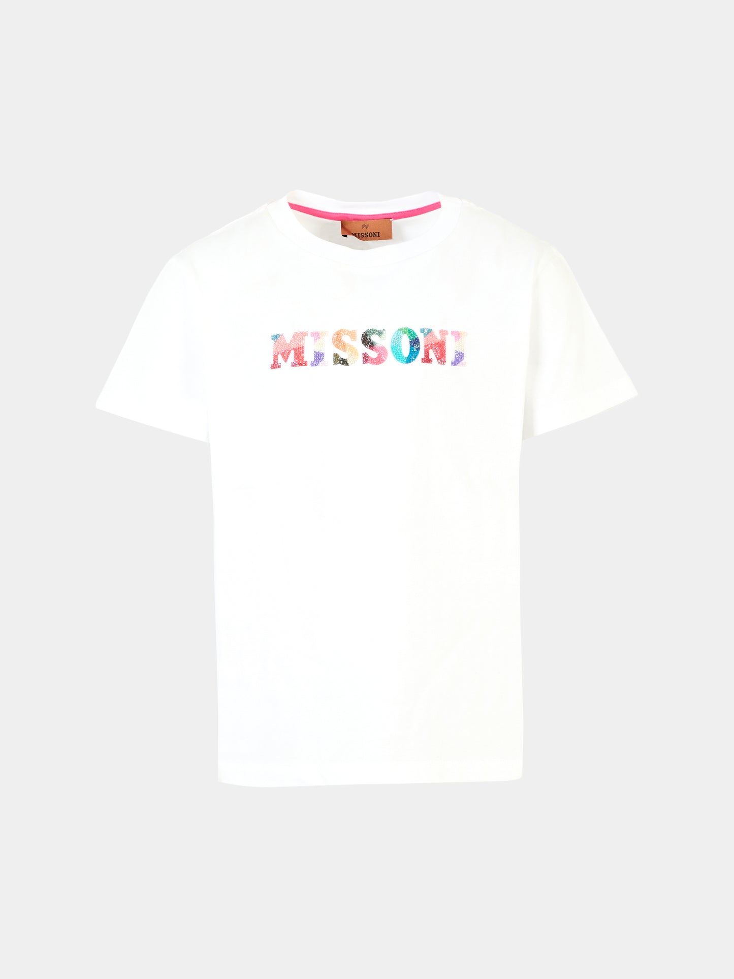 T-shirt bianca per bambina con logo di cristalli,Missoni,MT8A51 J0177 100