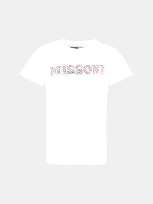 T-shirt bianca per bambina con logo di strass,Missoni,MT8A91 J0177 100FU