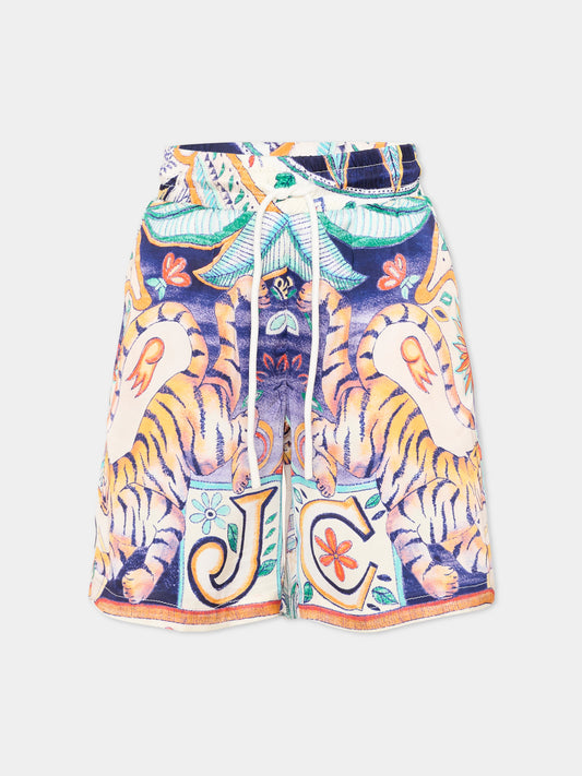 Shorts multicolor per bambino con stampa tigri,Just Cavalli Kids,JBP26079BE INDIA DIGITAL MONOGR