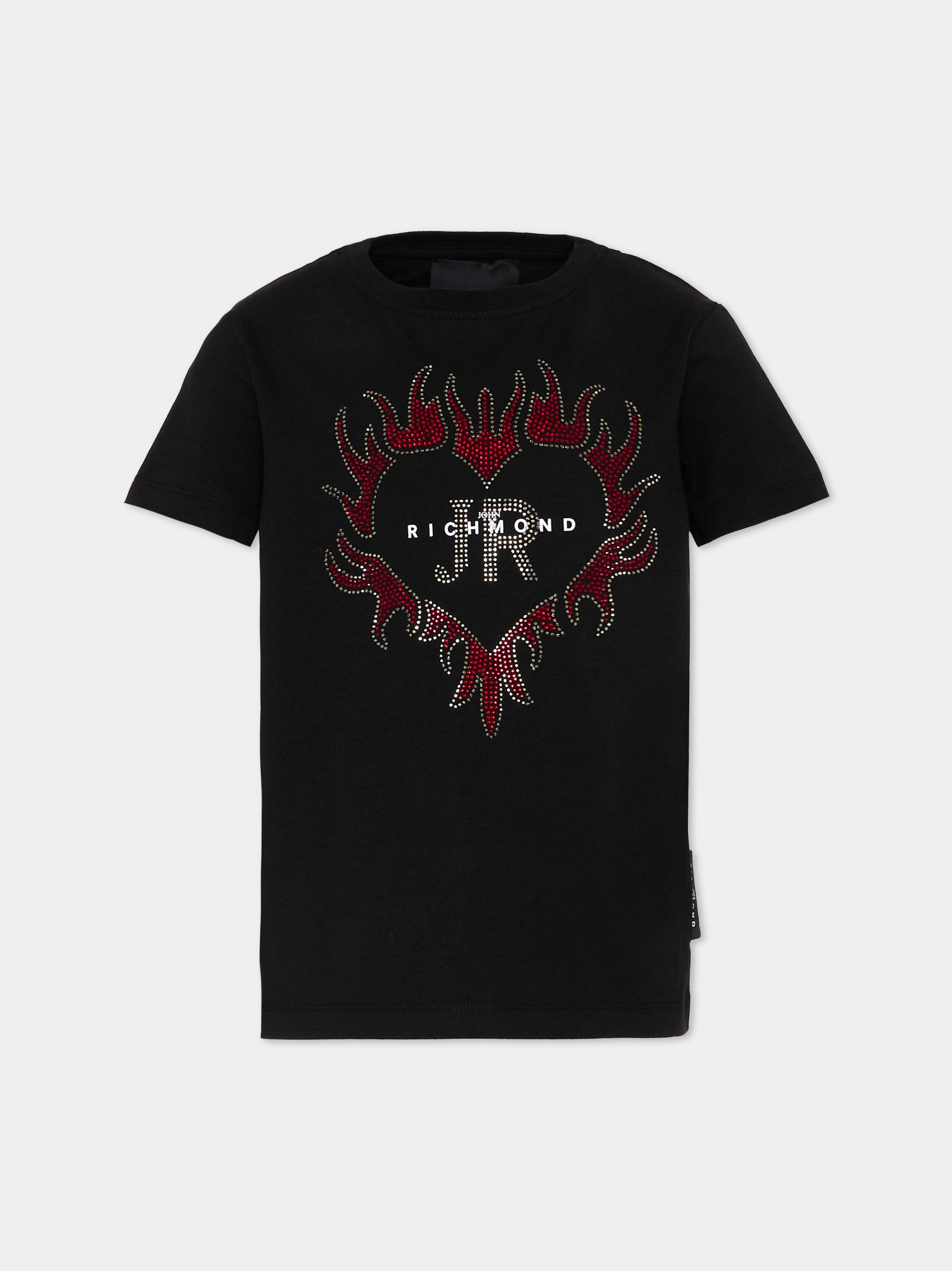 T-Shirt nera per bambini con cuore strass,Richmond,RGP26206TS BLACK