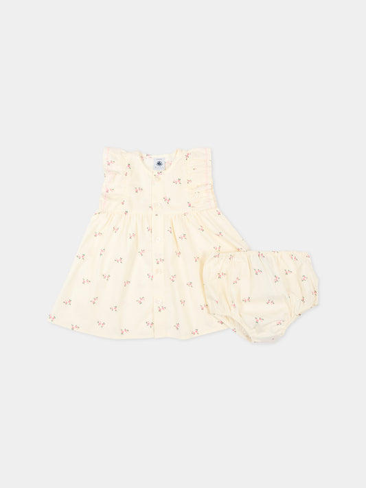Vestito avorio per neonata con fiori,Petit Bateau,A0F3R MILK/MULTICO 01