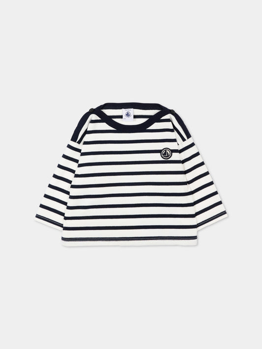 T-Shirt bianca per neonati a righe,Petit Bateau,A0FRS MARSHMALLOW/SMOKING 01