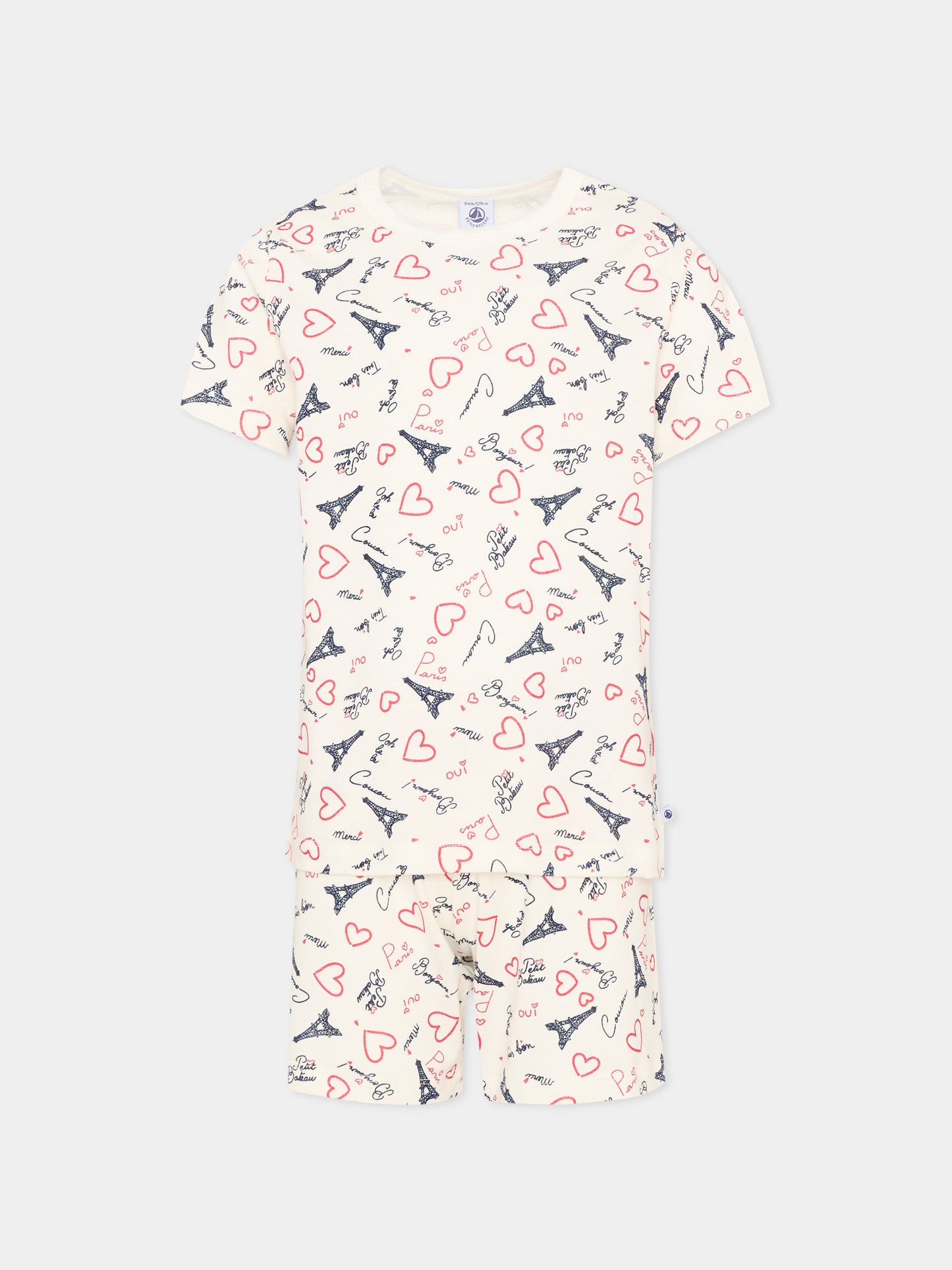 Pigiama bianco per bambina con cuori,Petit Bateau,A0FV8 MARSHMALLOW/MULTICO 01