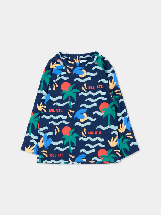 Maglia blu anti UV per neonato con stampa palme,Petit Bateau,A0FN8 CREPUSCULE/MULTICO 01