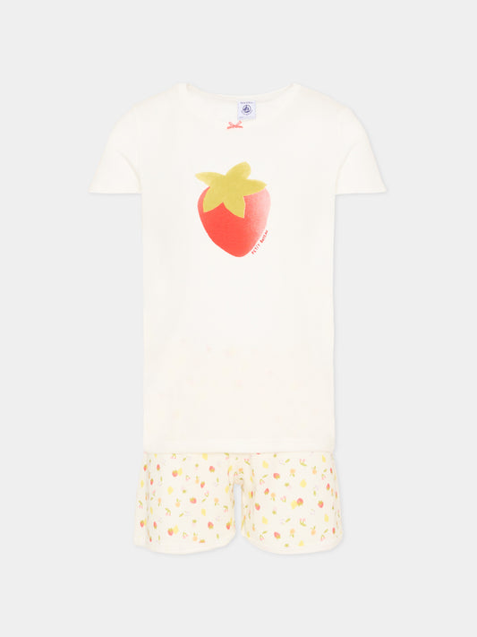 Pigiama bianco per bambina con fragole,Petit Bateau,A0FD1 MARSHMALLOW/MULTICO 01