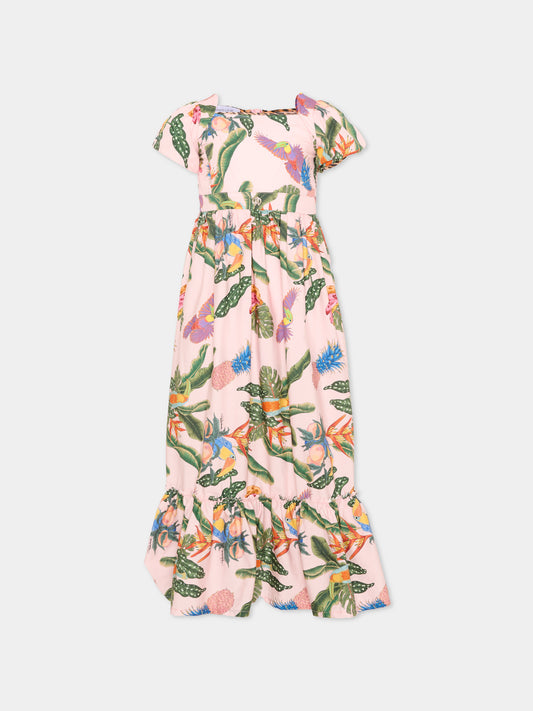 Vestito rosa per bambina con stampa tropicale,Roberto Cavalli Kids,CGP26038VE TROPICANA BABY ROSE