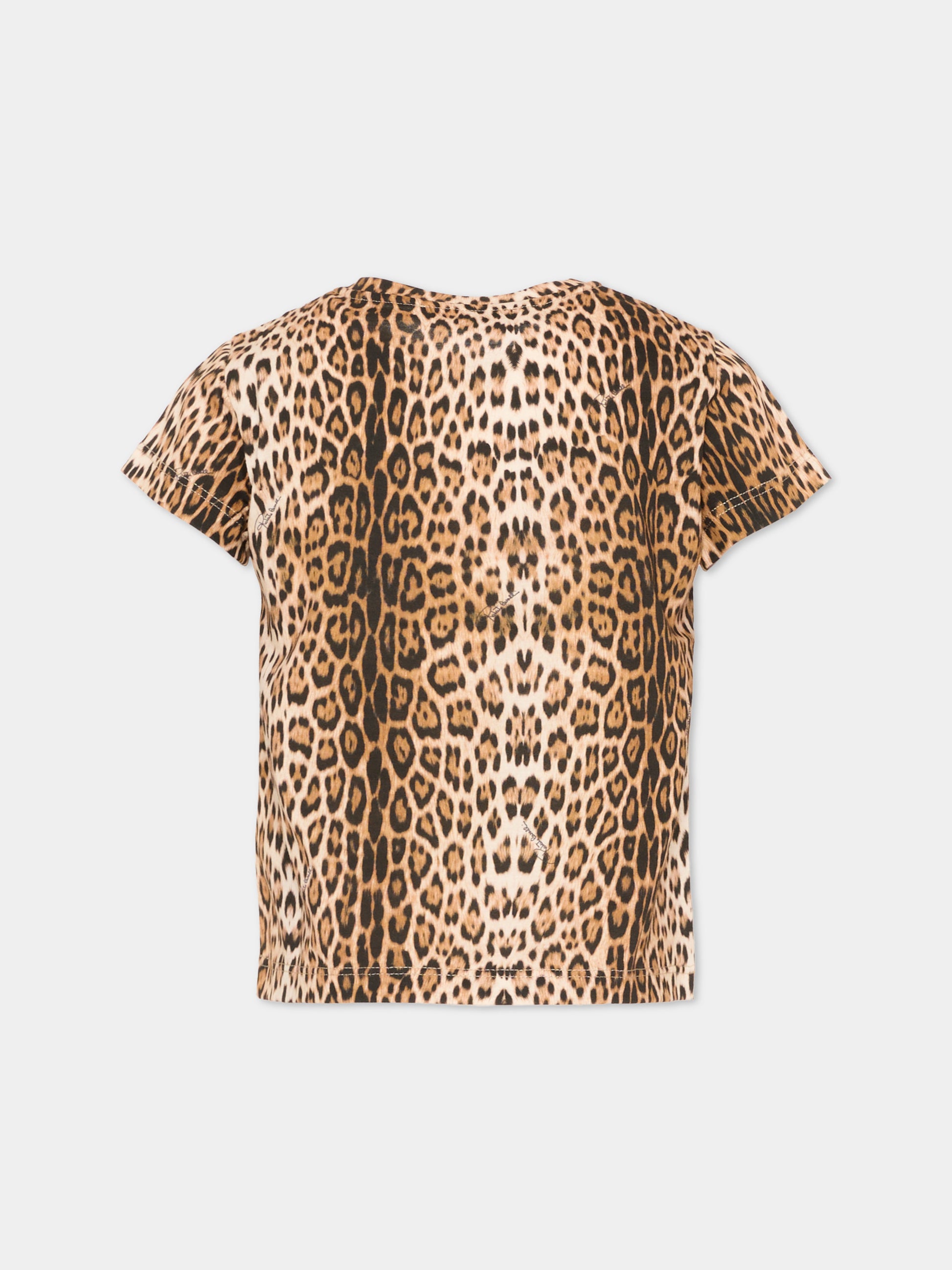 T-shirt marrone per bambina con stampa animalier,Roberto Cavalli Kids,CGP26124TS MACULA NEW HERITAGE