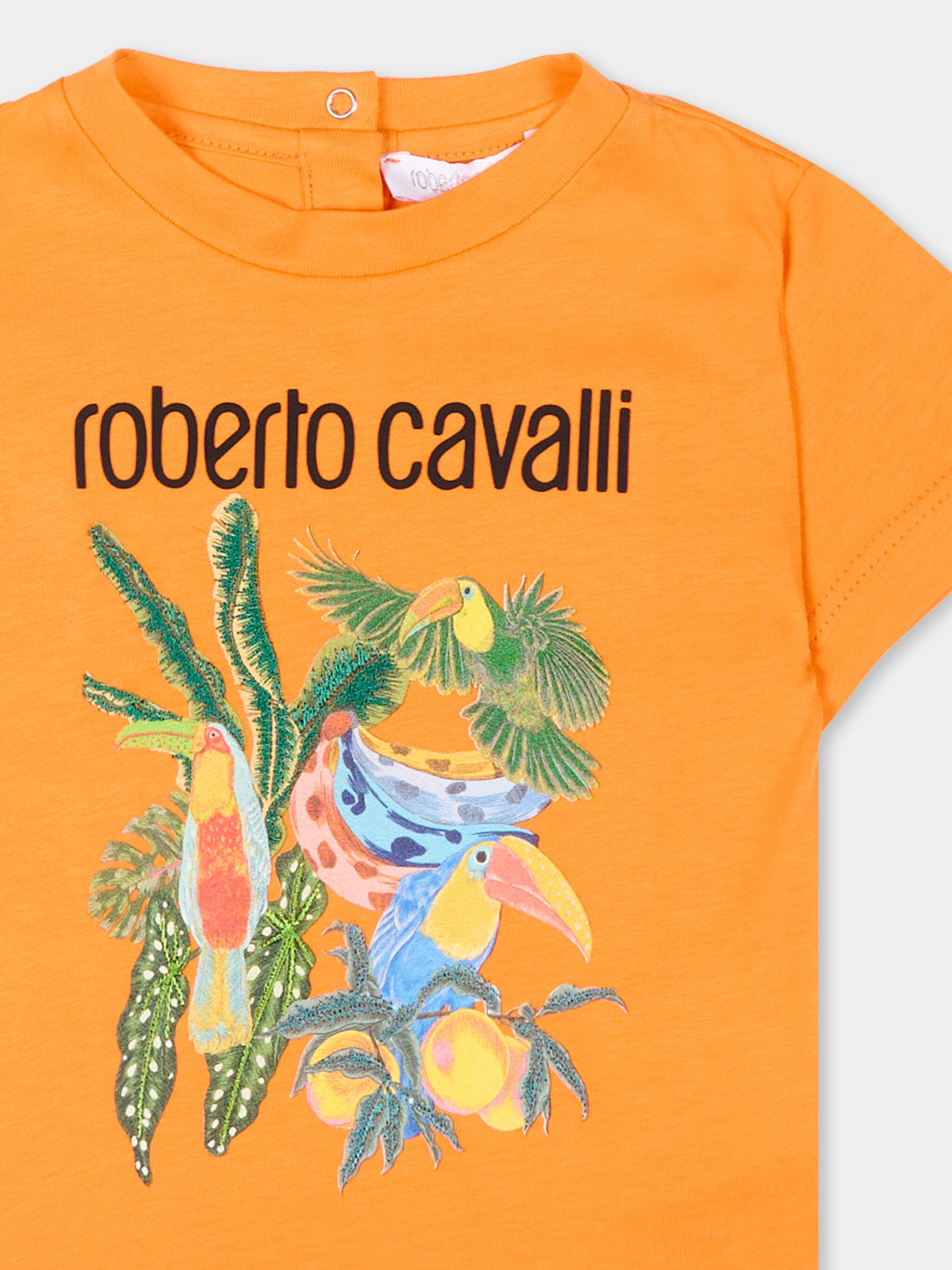 T-shirt arancione per neonato con stampa tropicale,Roberto Cavalli Kids,CIP26083TS ORANGE B.OF PARADISE
