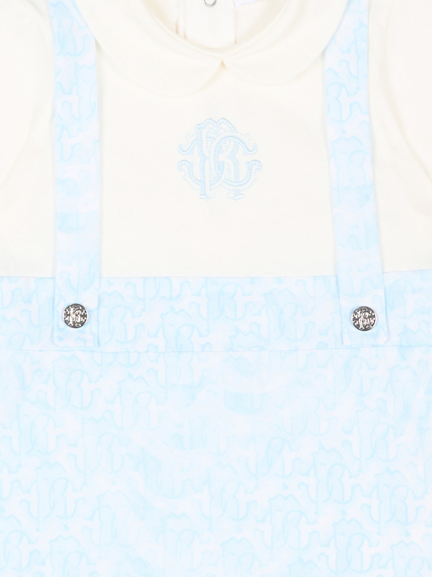 Pagliaccetto celeste per neonato con stampa monogram,Roberto Cavalli Kids,CLP26014TU ZEBRA CELESTE