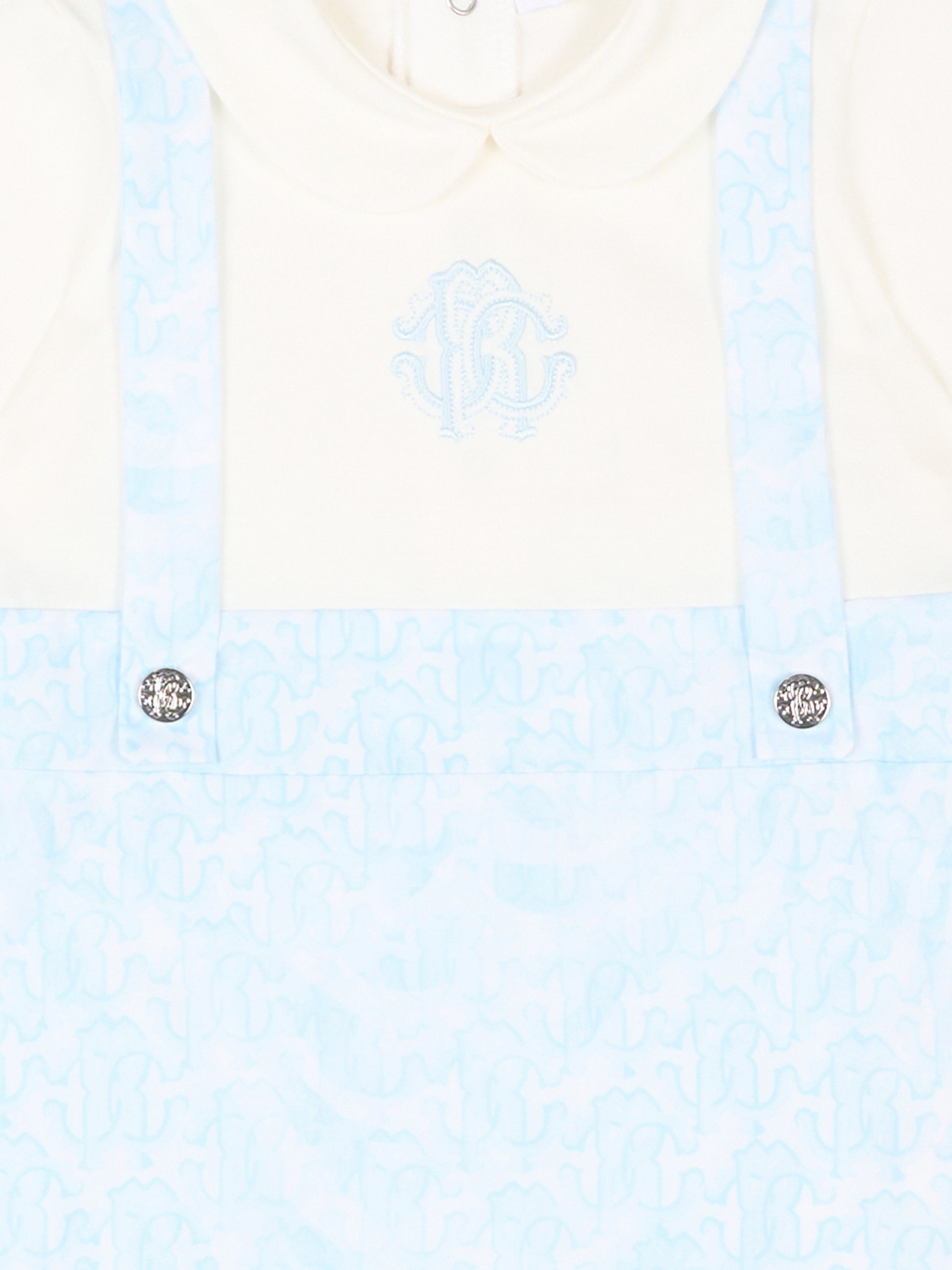 Pagliaccetto celeste per neonato con stampa monogram,Roberto Cavalli Kids,CLP26014TU ZEBRA CELESTE