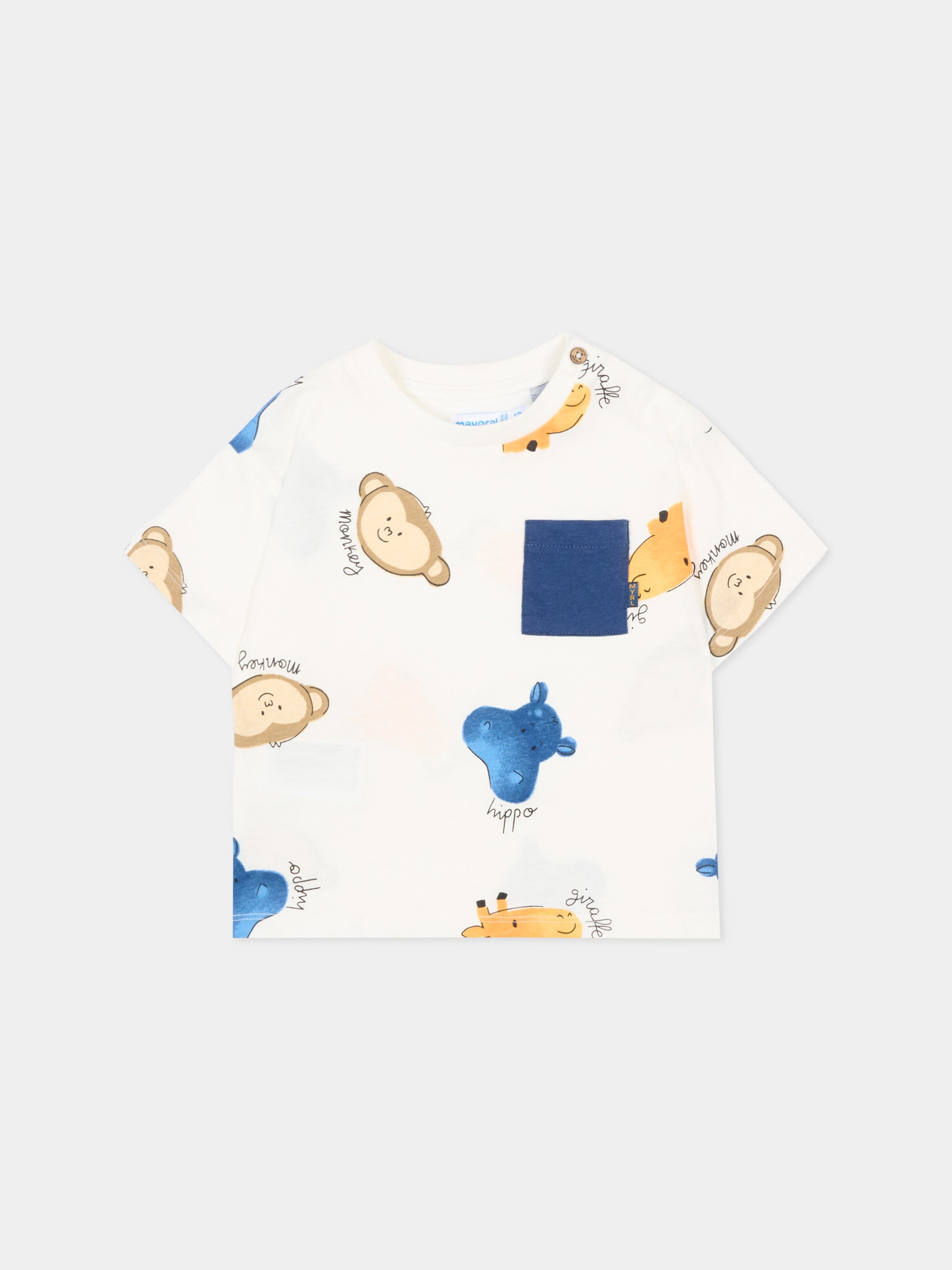 T-Shirt avorio con animali per neonato,Mayoral,1014 094