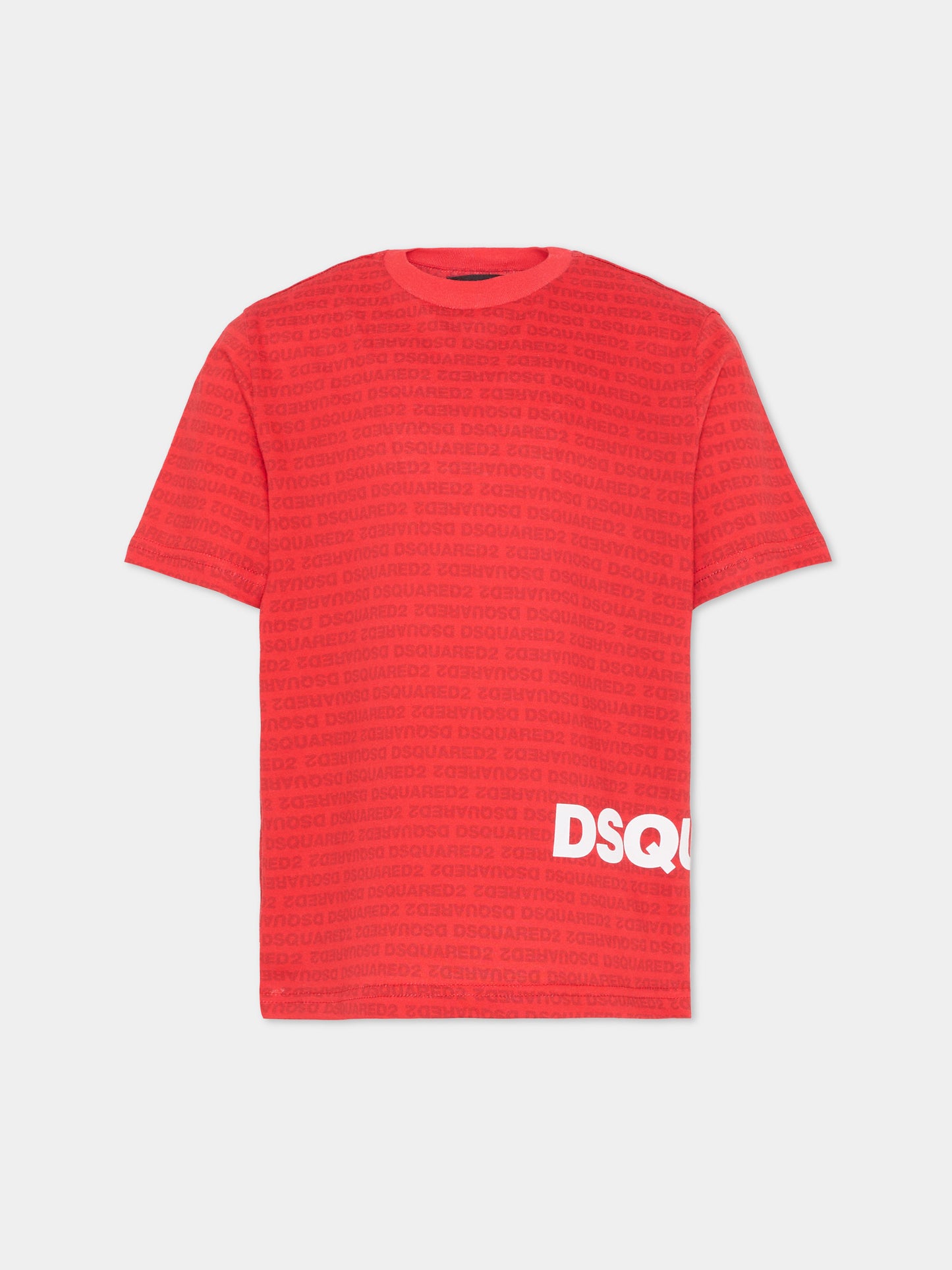 T-shirt rossa per bambini con stampa logo all over,Dsquared2,DQ3303 D0AH8 DQ401