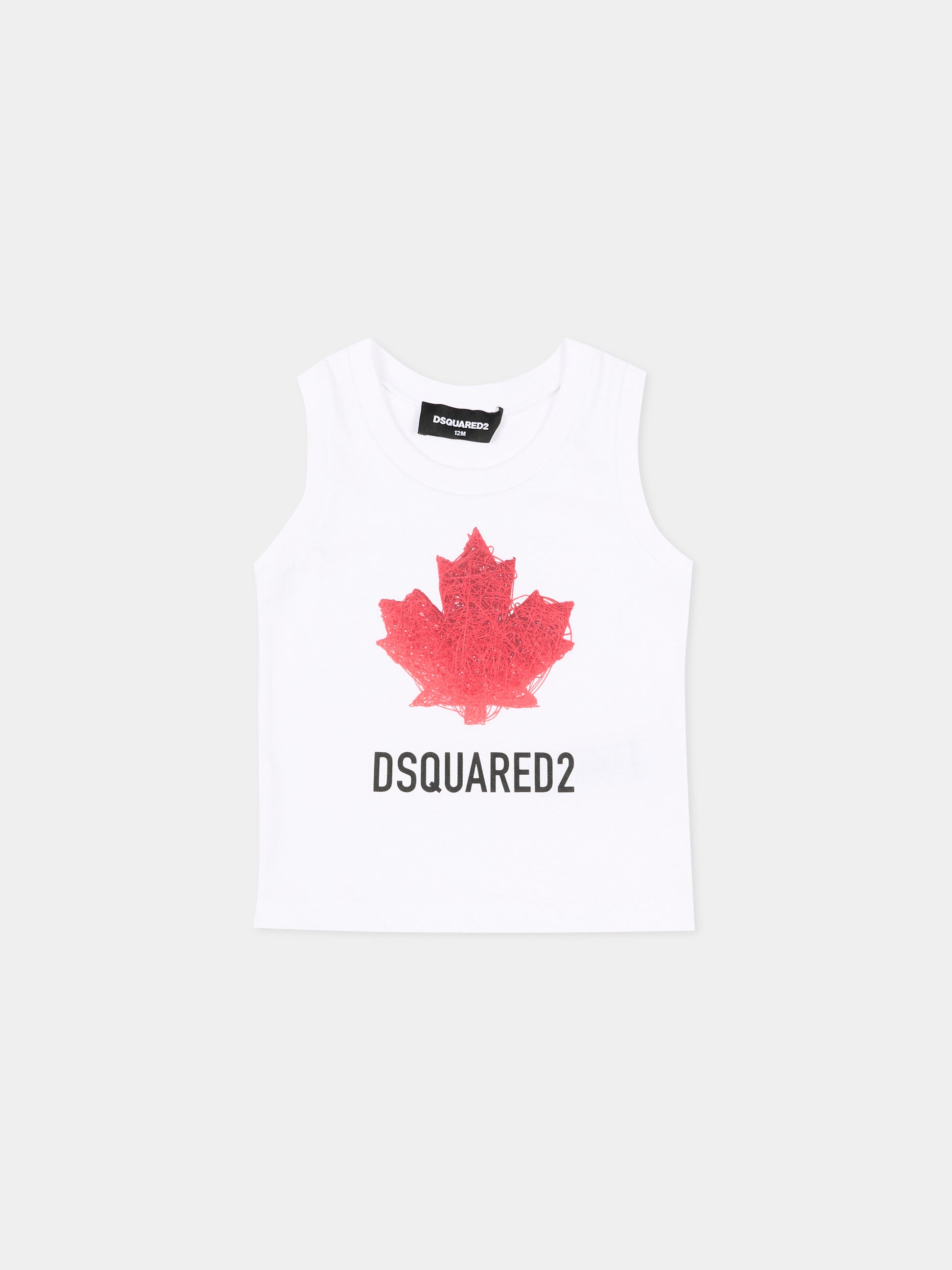 Canotta bianca per neonato con maple leaf e logo,Dsquared2,DQ3314 D00XM DQ100