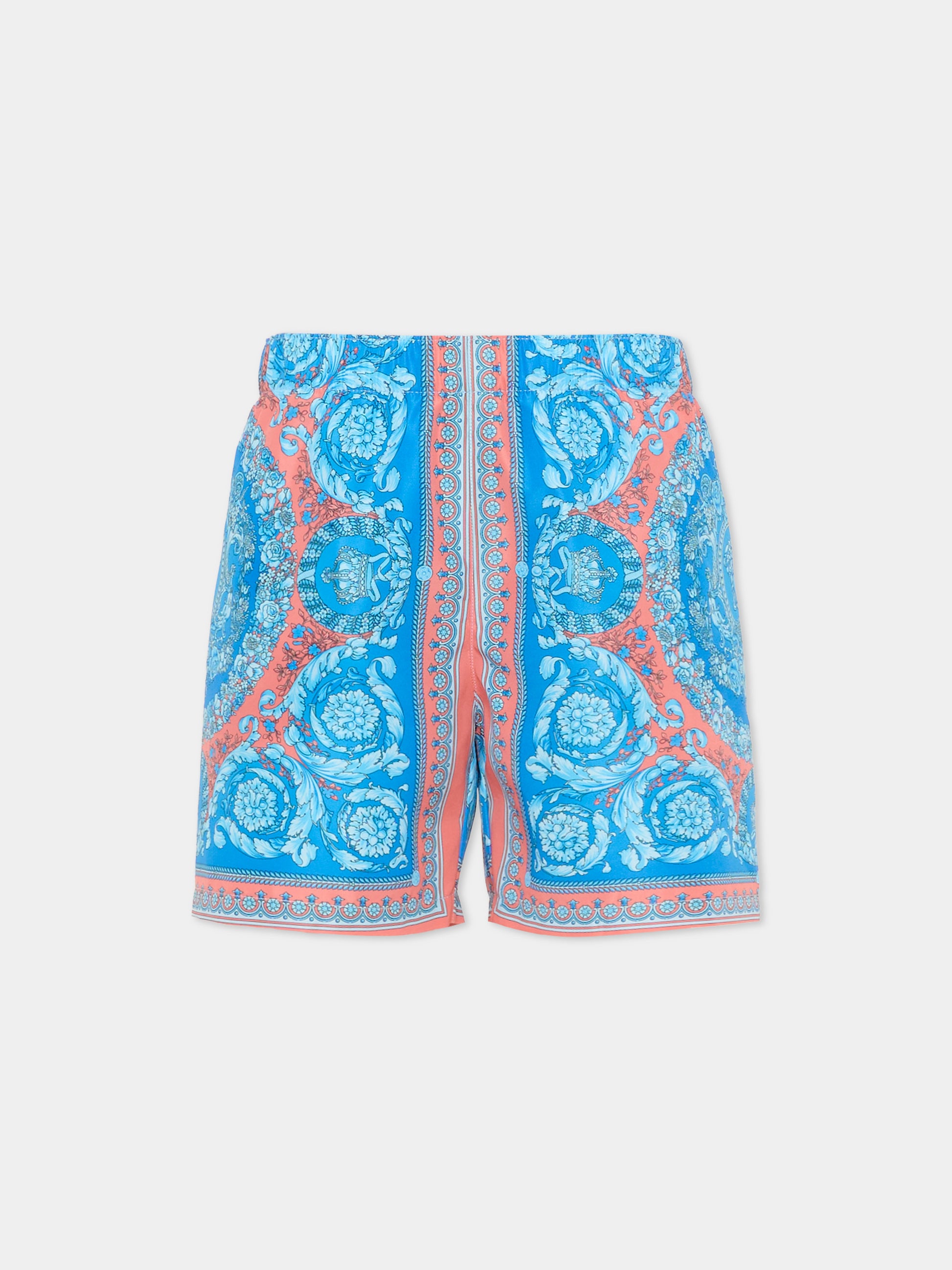 Boxer mare azzurro per bambino con stampa Barocco,Versace,1018706 1A16913 5UH60
