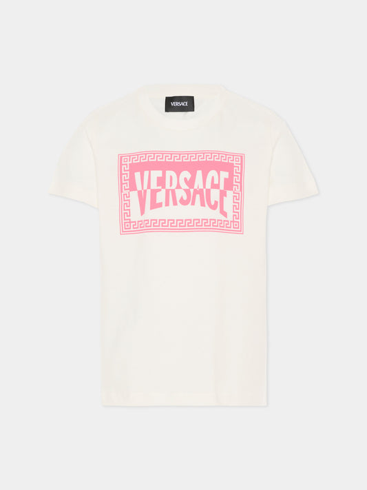 T-shirt avorio per bambina con '90 Vintage Logo,Versace,1018342 1A16958 2W310
