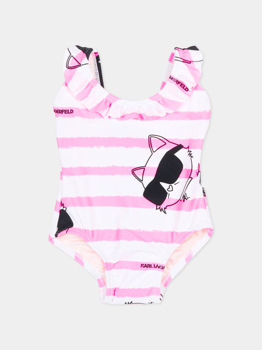 Costume intero bianco per neonata a righe con Choupette,Karl Lagerfeld Kids,Z31066 195