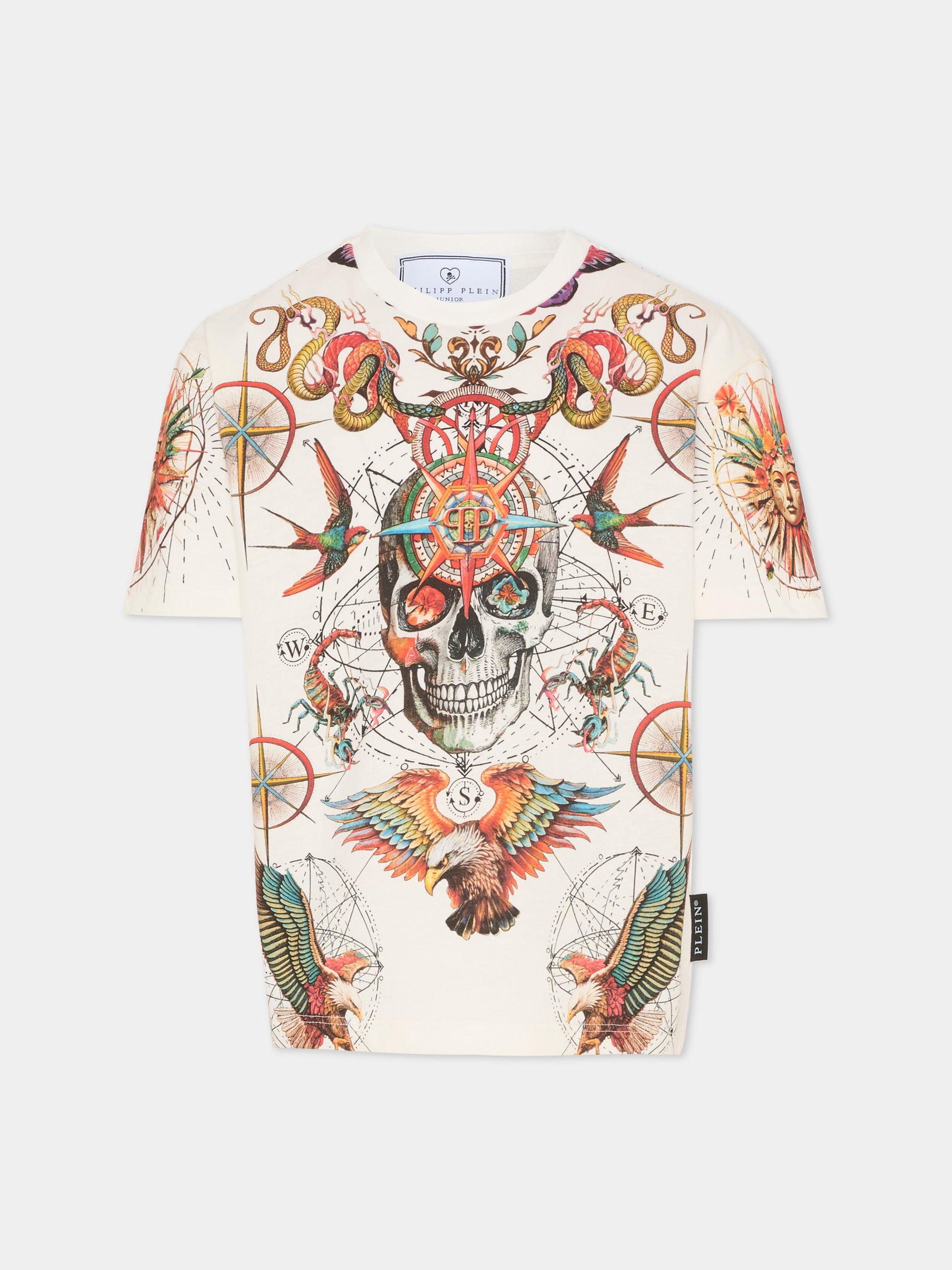 T-shirt avorio per bambino con teschio e animali,Philipp Plein Junior,S6PHJBTH033 002